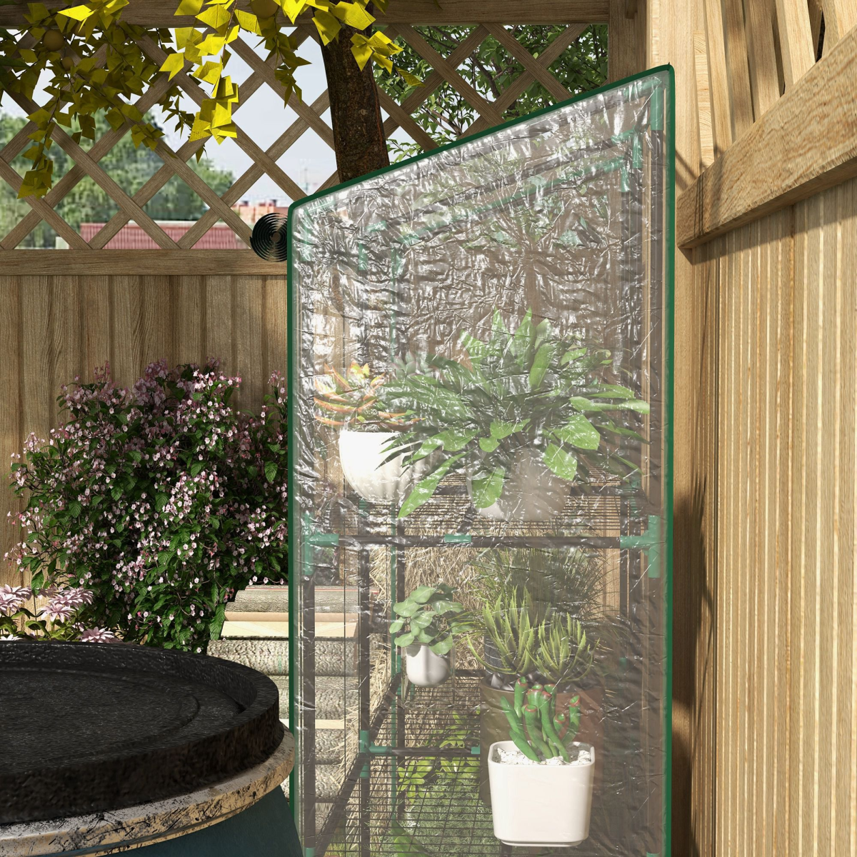 3-Tier Mini Greenhouse with Lean-To Design, Clear Cover 151x143x46 cm