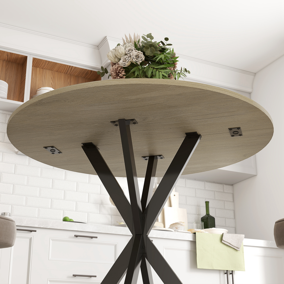Compact Industrial Round Dining Table - Chic Oak & Steel Design