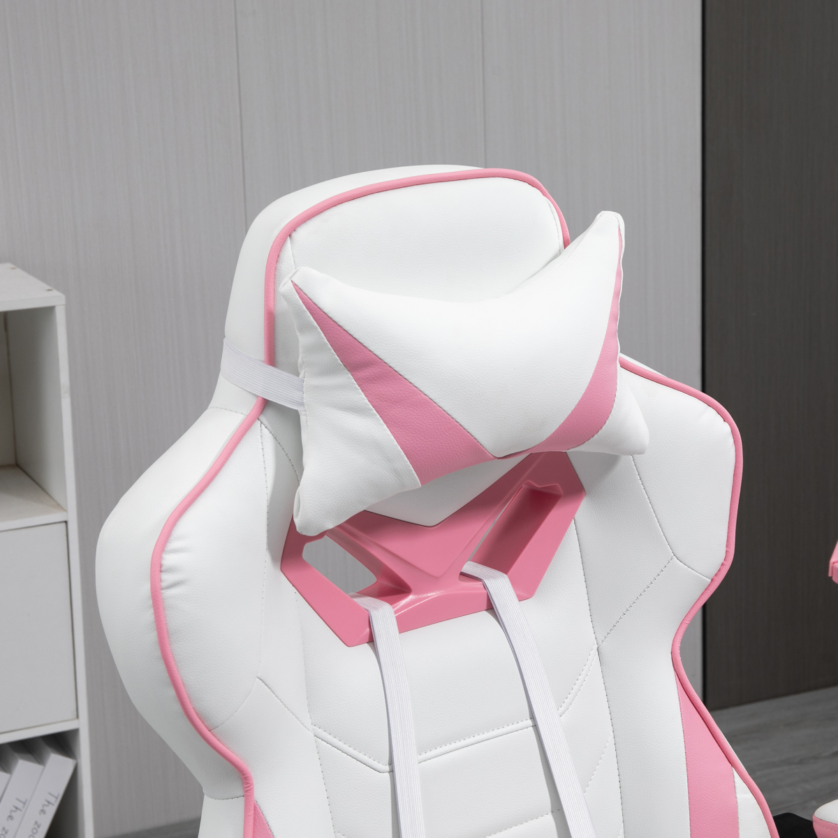 Ergonomic Gaming Chair with Wheels & Manual Footrest, Pink Faux Leather