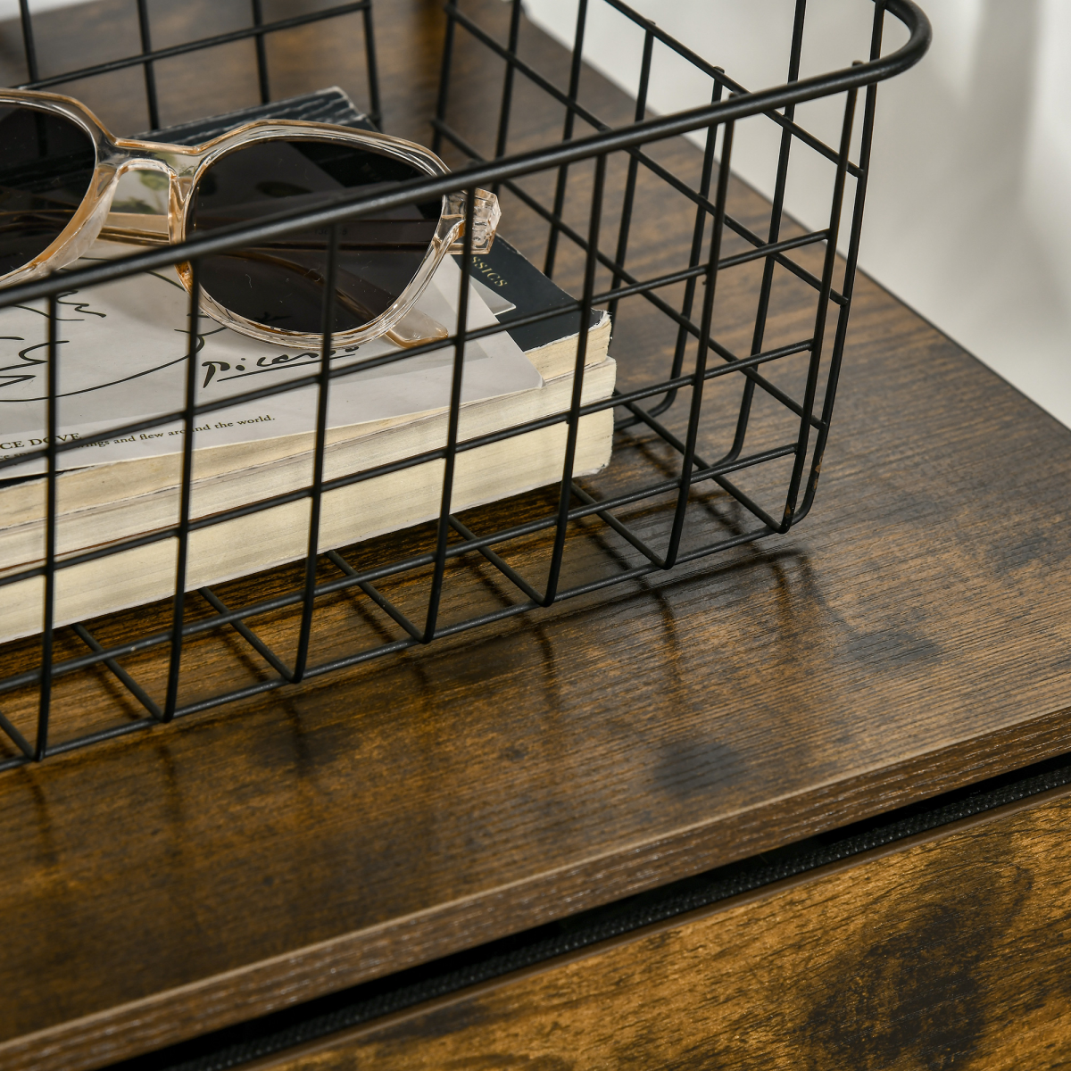 Rustic Brown Industrial Storage Cabinet with 2 Shelves & 3 Fabric Drawers