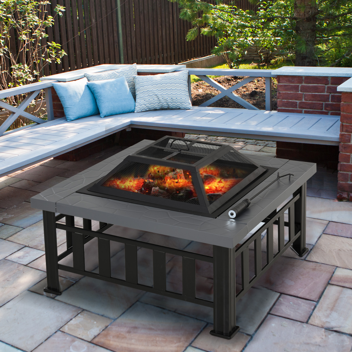 Square Fire Pit with Waterproof Mesh Cover, Faux Stone Top, Poker Tool