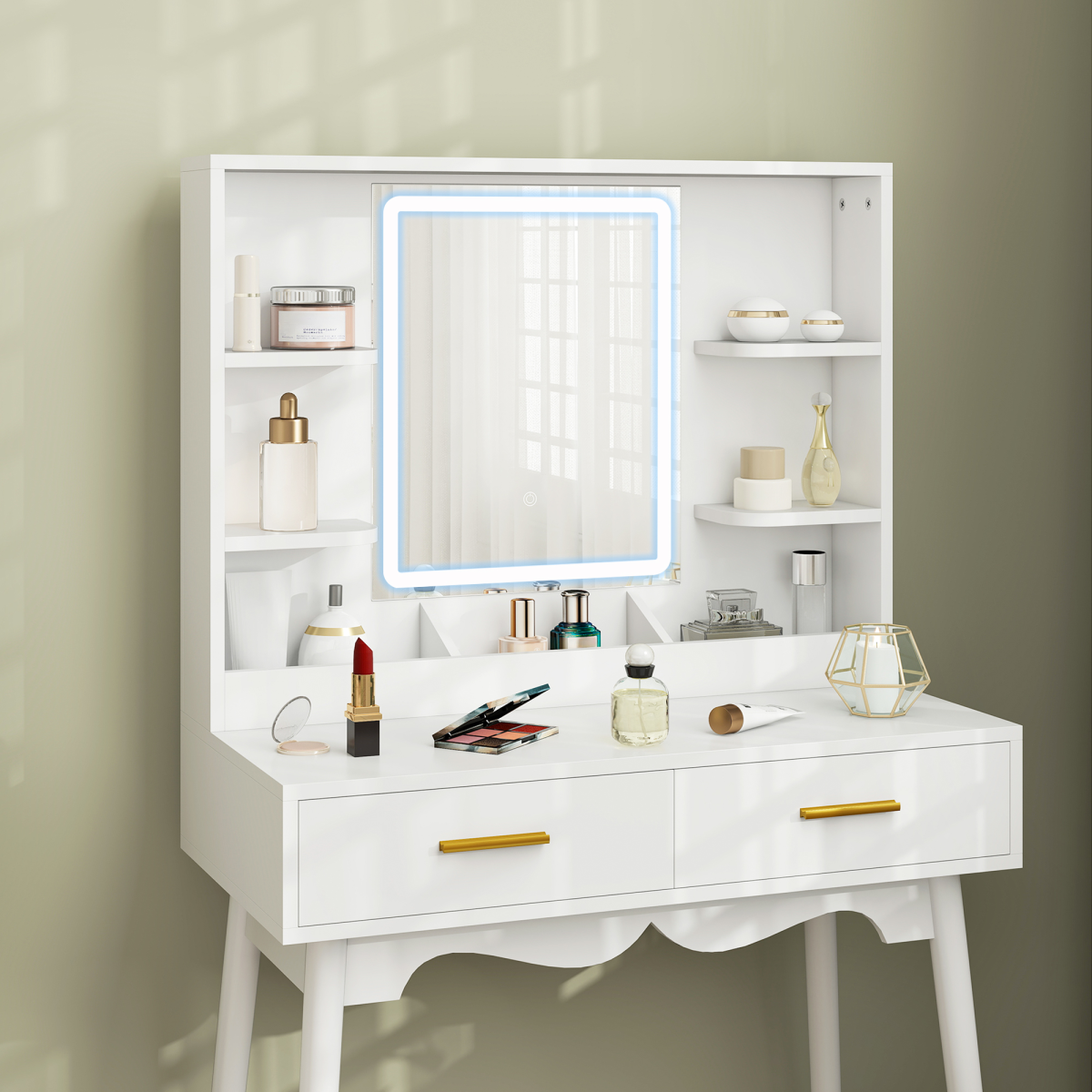 Elegant LED Lighted Dressing Table & Plush Stool - Stylish Vanity Set
