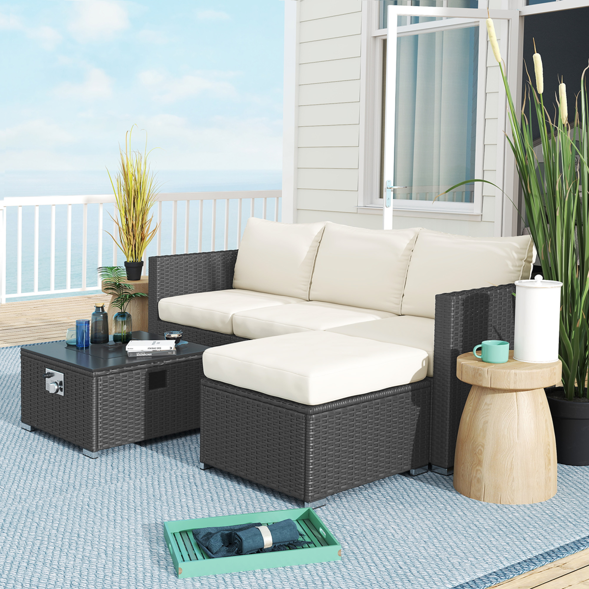 Modular 4-Seater Rattan Sofa Set with Fire Pit Table & Cushions