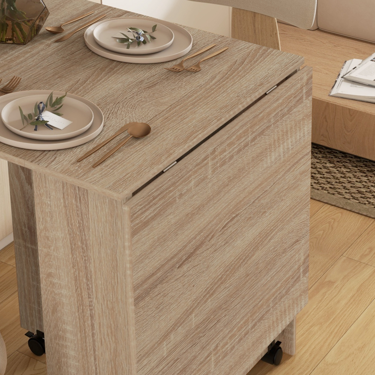 Mobile Drop-Leaf Extendable Dining Table with Shelves and Wheels