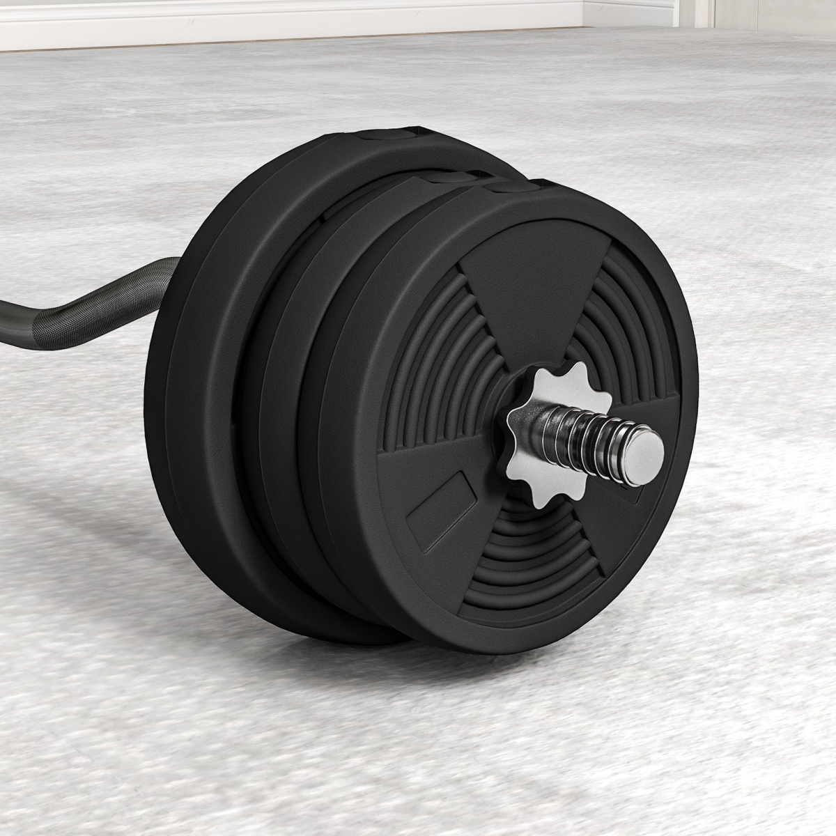 Barbell with black weight plates and additional weight discs