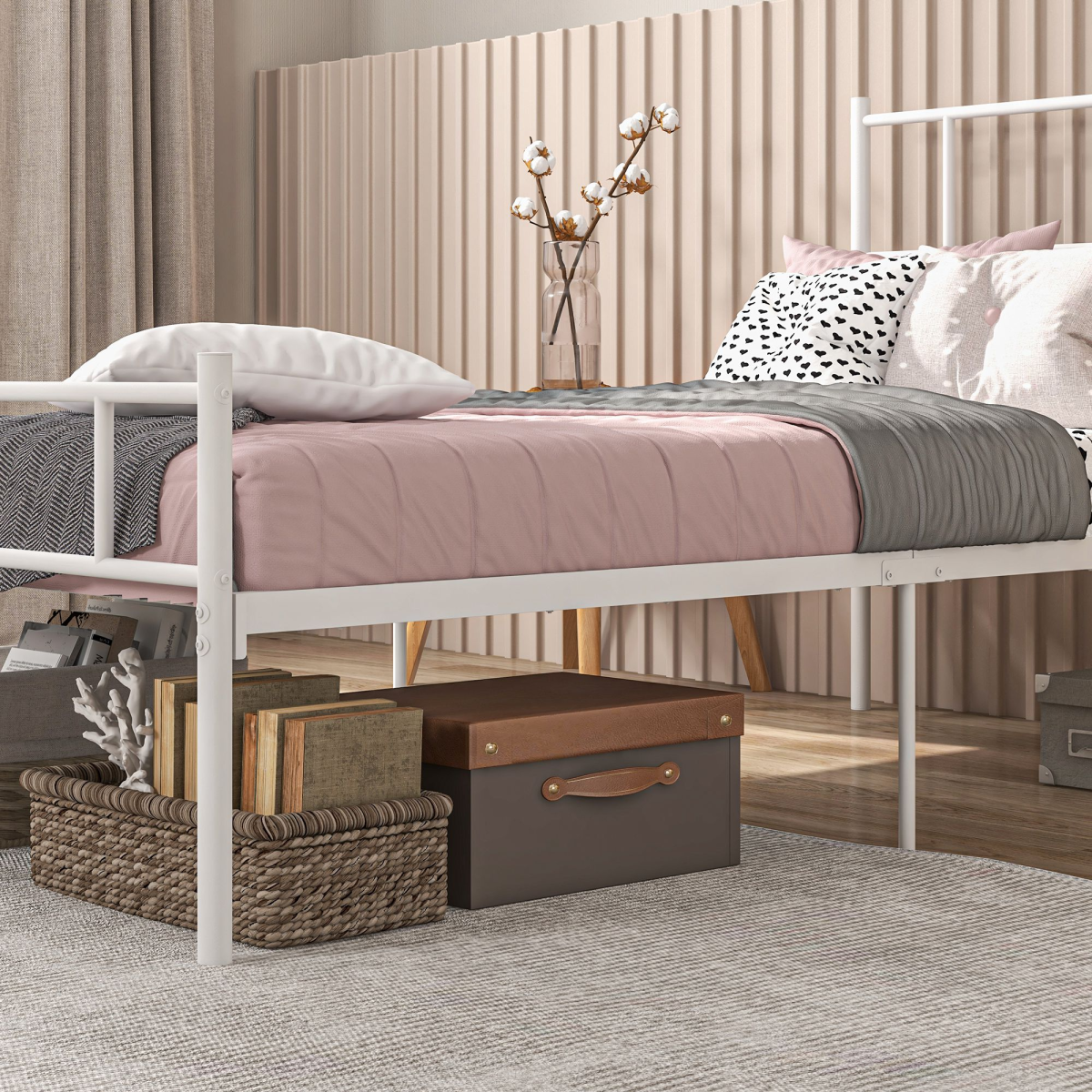 Metal Single Bed Frame with Headboard, Underbed Storage & Noise-Free Design