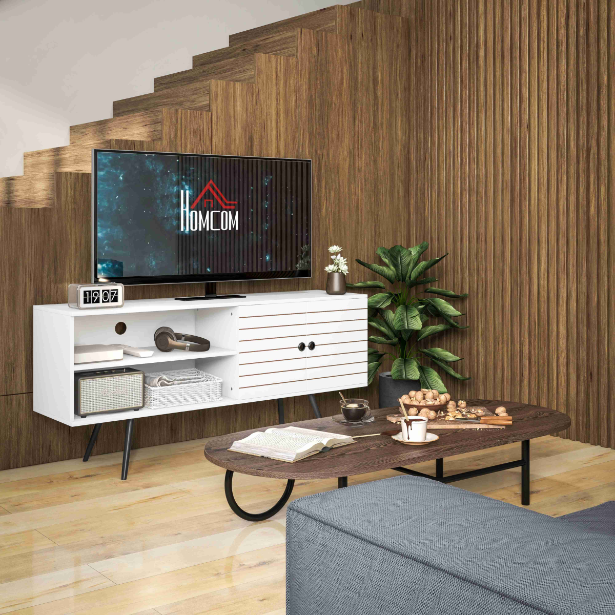 Modern 65" TV Stand with Open Shelves & Cable Management - White