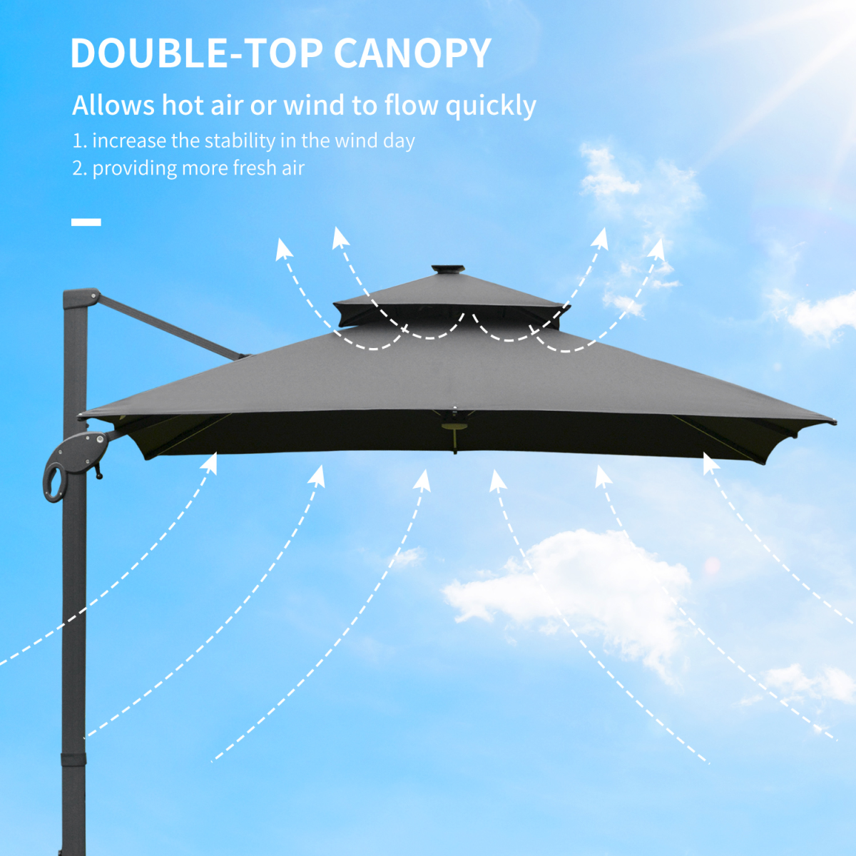 3x3m Cantilever Umbrella with Solar Power Bank & LEDs, Dark Grey