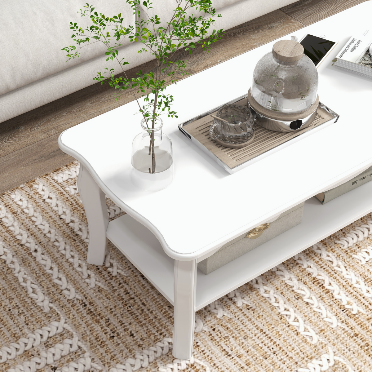 White Finish Coffee Table with Curved Legs & Magazine Shelf