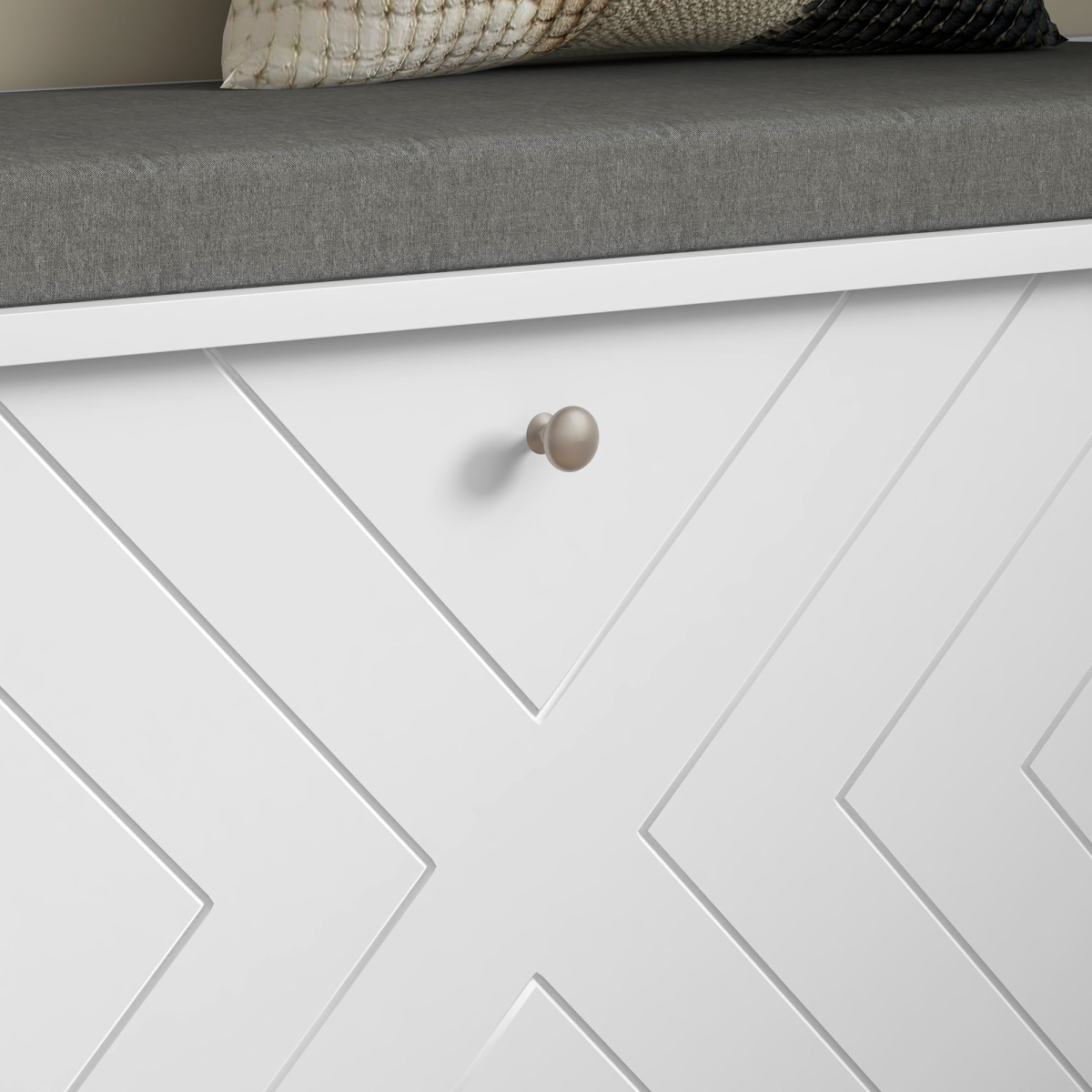 White Shoe Bench with Cushion & Flip Drawer - Holds 10 Pairs