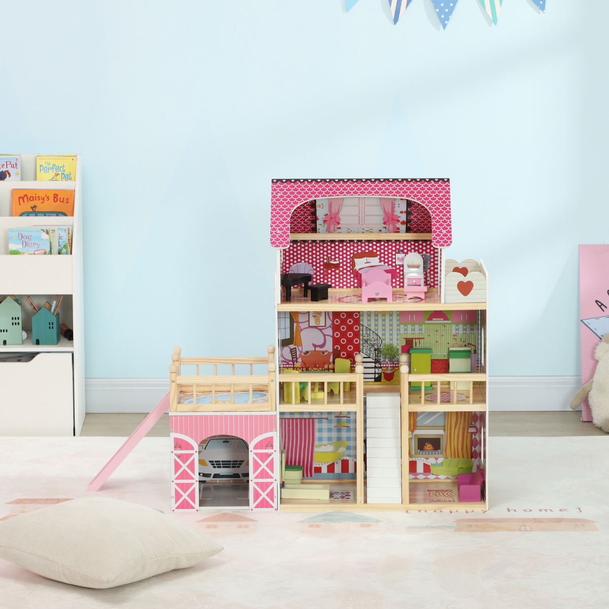 AIYAPLAY 3-Story Pink Dolls House with 13-Piece Wooden Furniture Set
