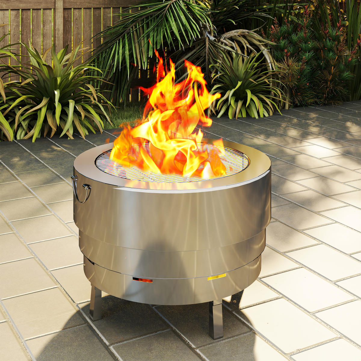 Portable Round Fire Pit & Grill - Stainless Steel with Poker Included
