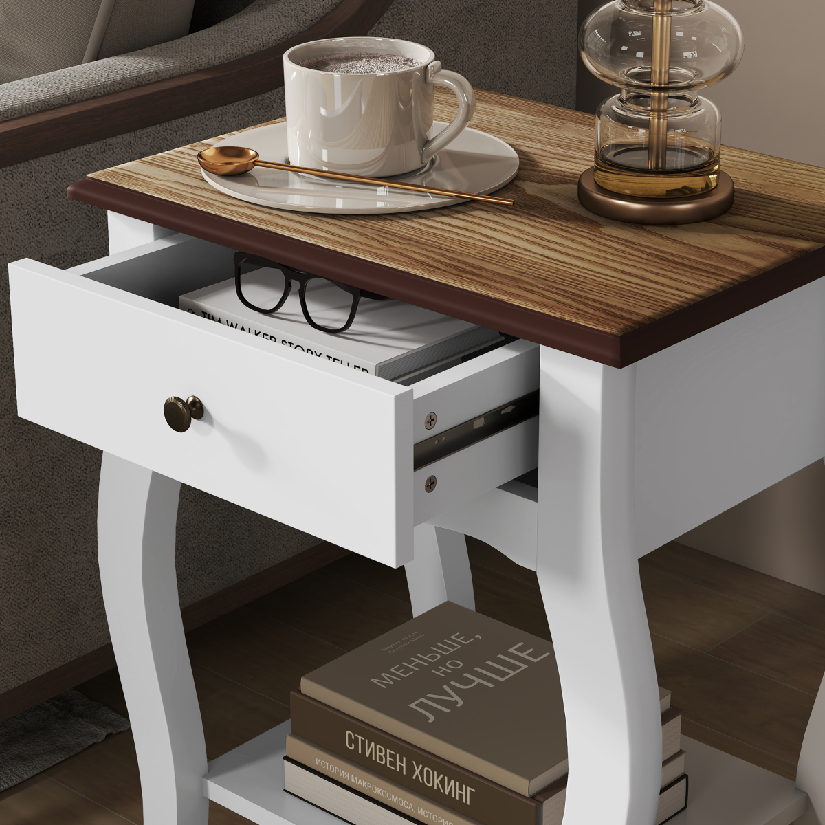 Elegant Bedside Tables Set of 2 - White with Drawer & Shelf