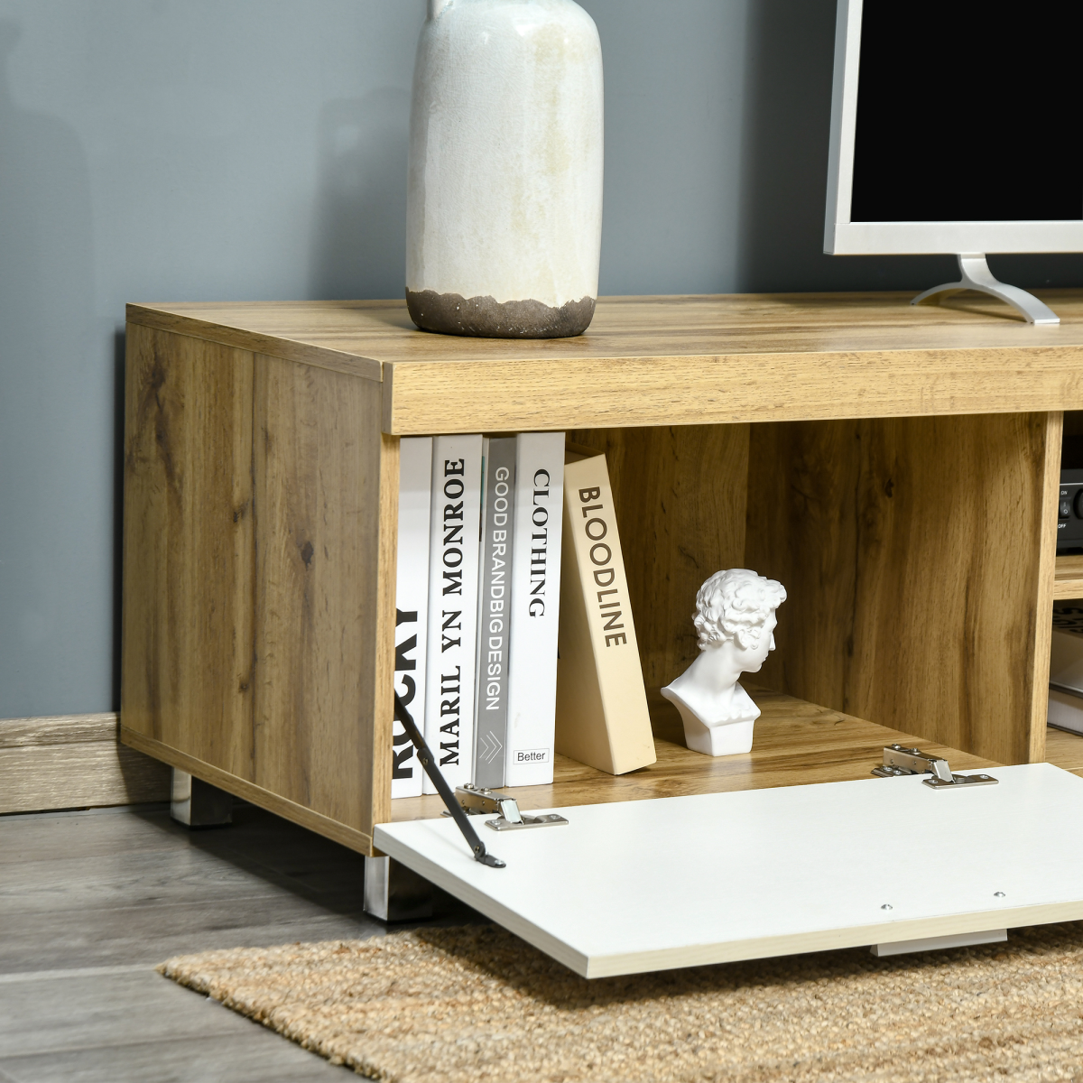 Stylish Light Brown TV Stand with Storage & Open Shelves for Modern Living