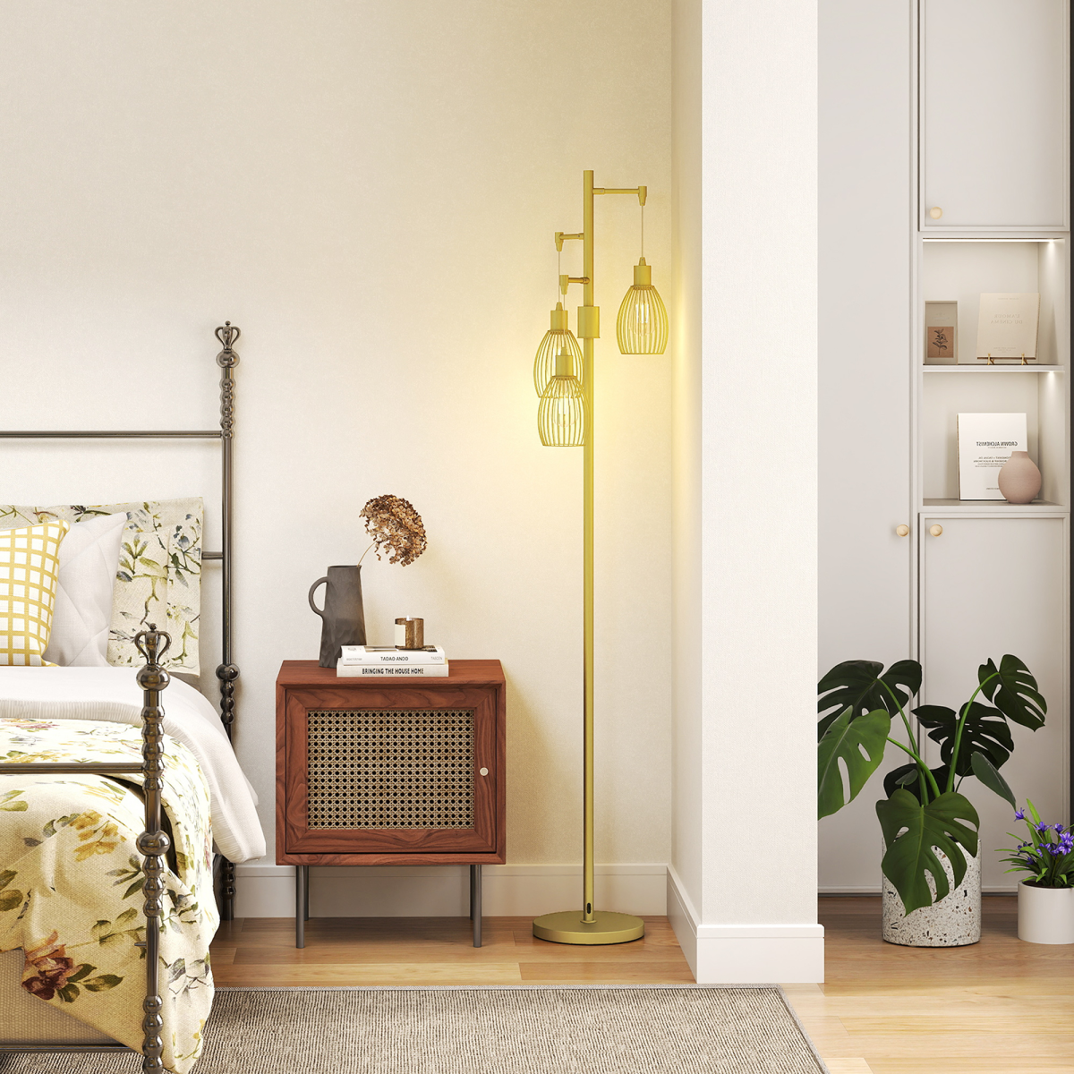 Industrial Chic: 3-Light Dimmable Floor Lamp in Elegant Gold Finish