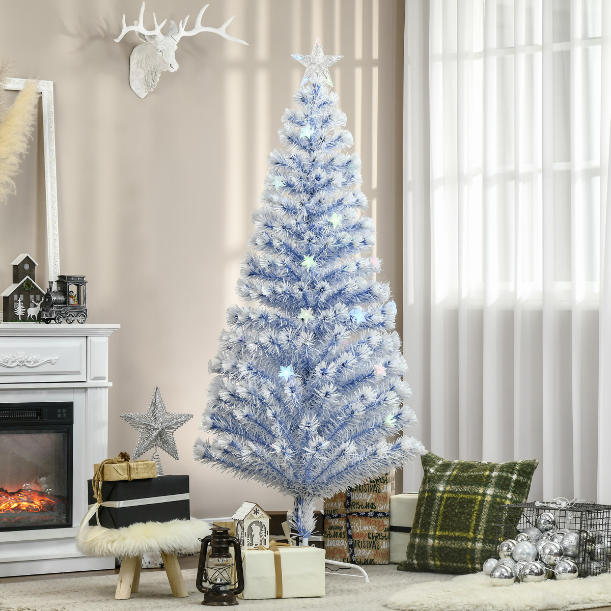 HOMCOM Fibre Optic Christmas Tree - 26 LEDs, White/Blue, Foldable