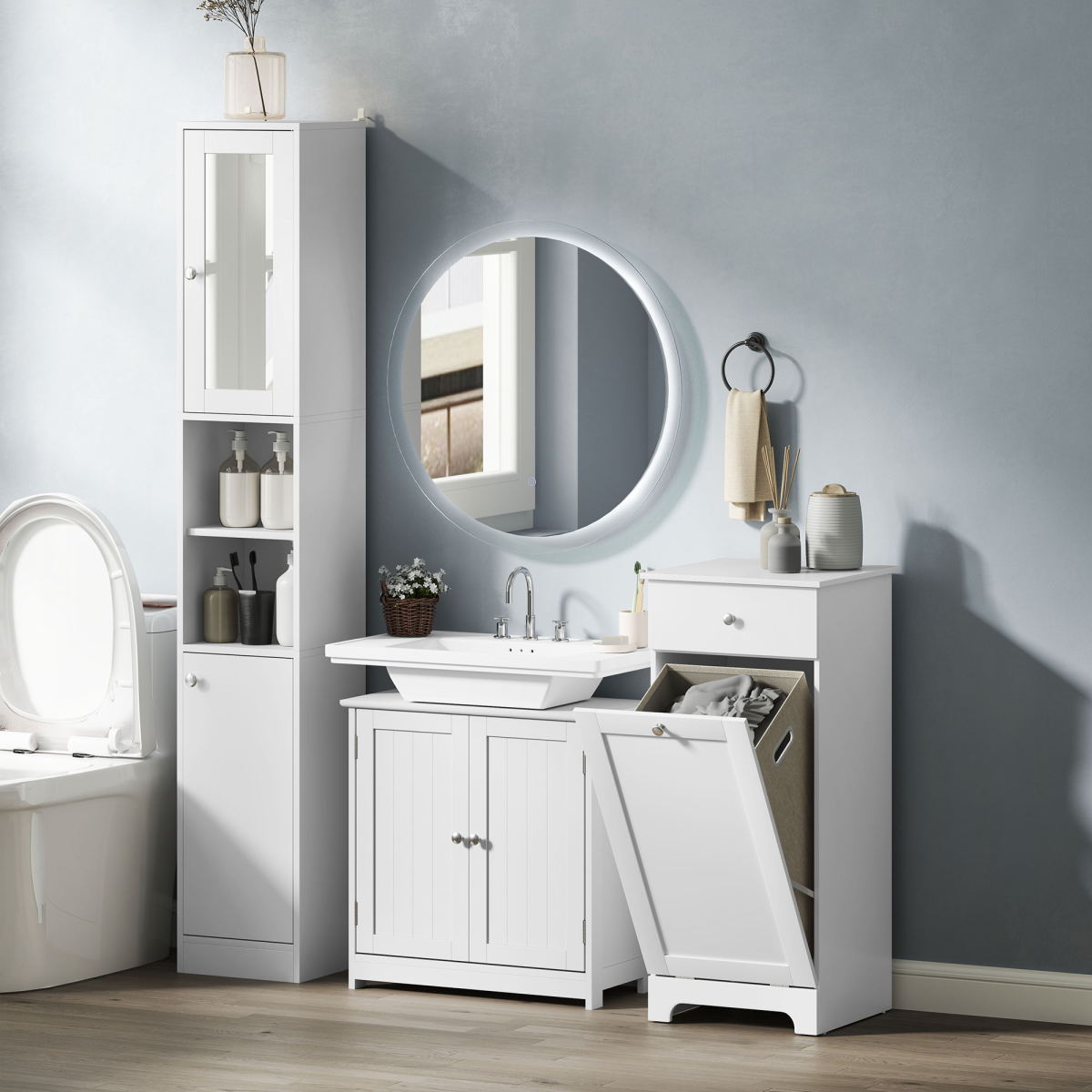 Elegant Tall Bathroom Storage Cabinet with Mirror & Adjustable Shelves