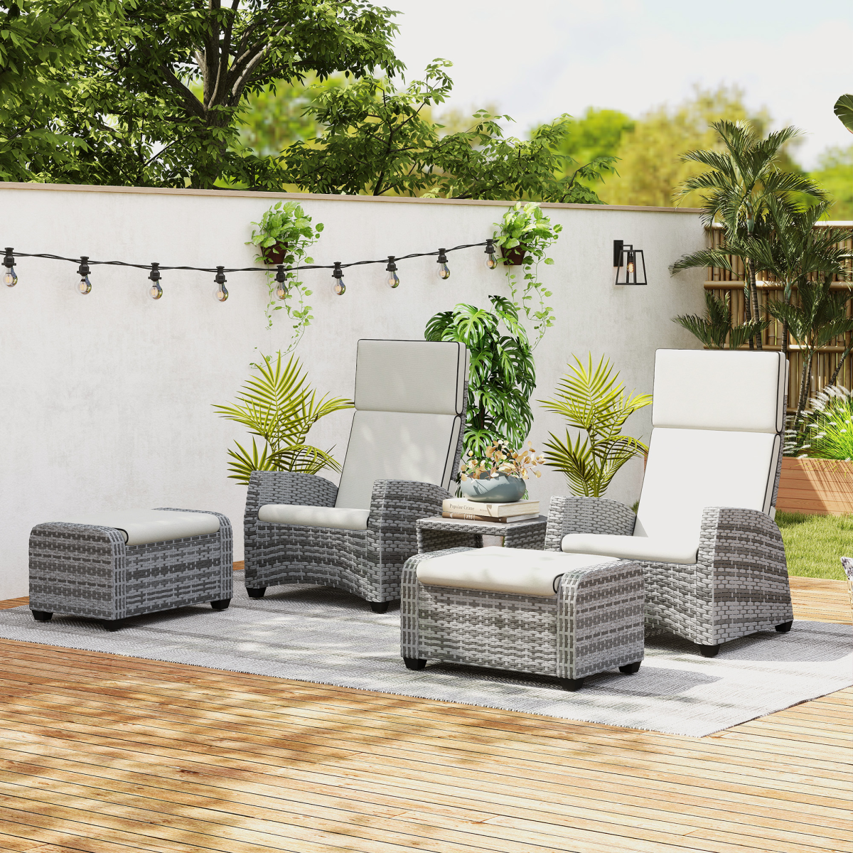 Elegant 5-Piece Grey Rattan Garden Set with Reclining Comfort