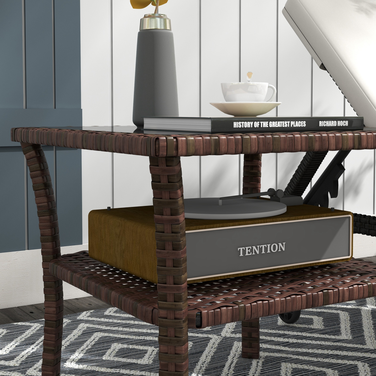 PE Rattan Coffee Table: Two-Tier with Glass Top, Brown