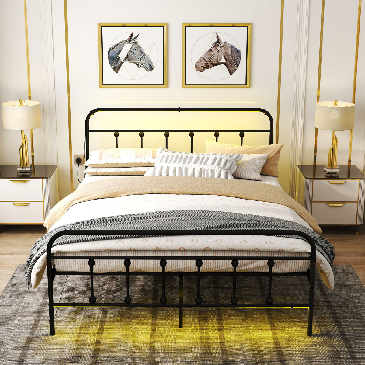 King Bed Frame with RGB LED Lights & Built-In Charging Station