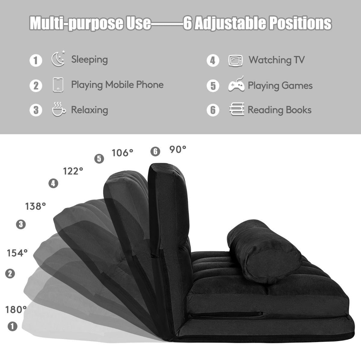 2 in 1 Folding Floor Lazy Sofa Bed with 6 Adjustable Seat Positions and 2 Pillows