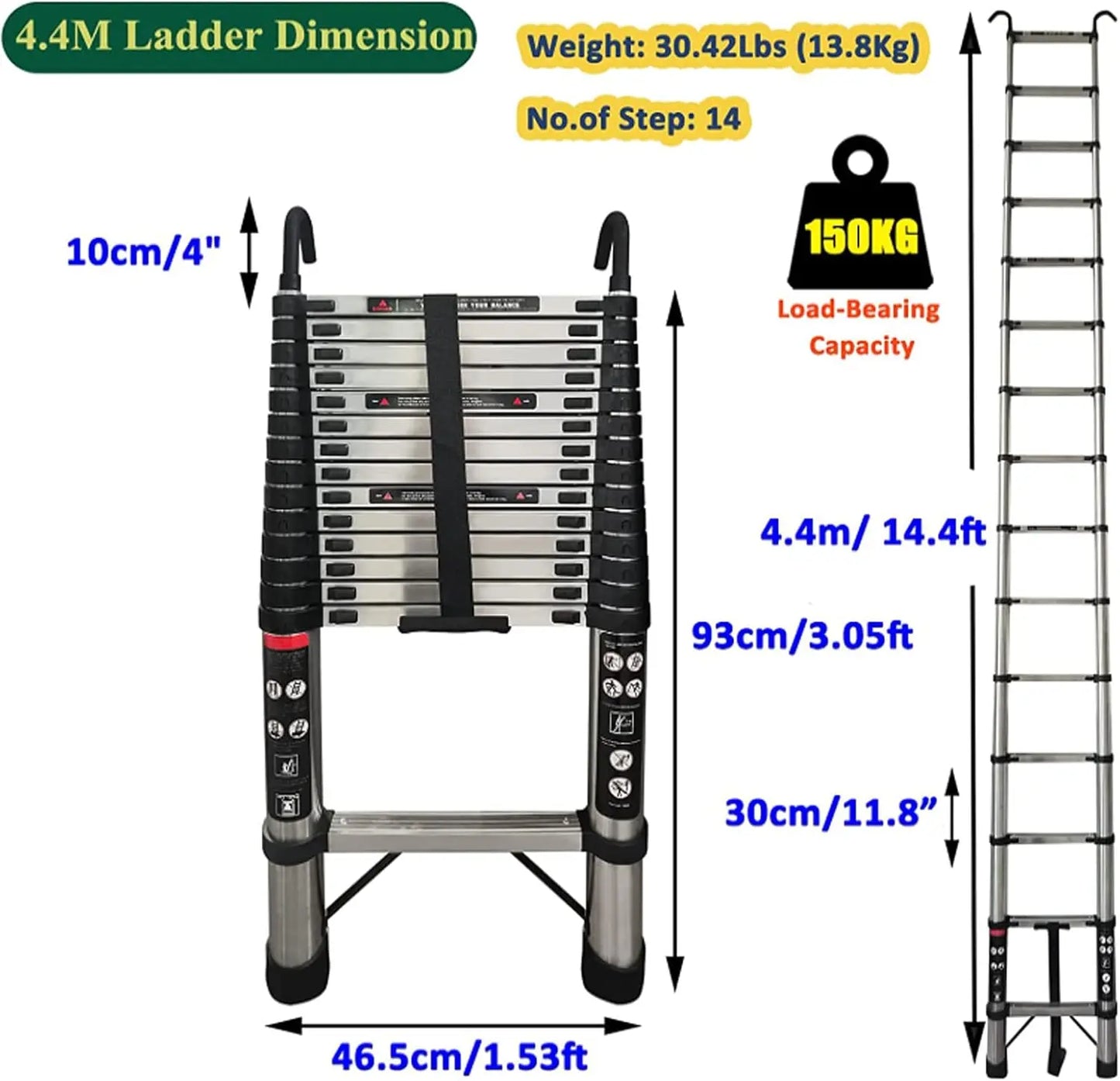 4.4M/14.4FT Telescopic Muilti-Purpose Foldable Stainless Steel Ladder with Hooks 14 Steps