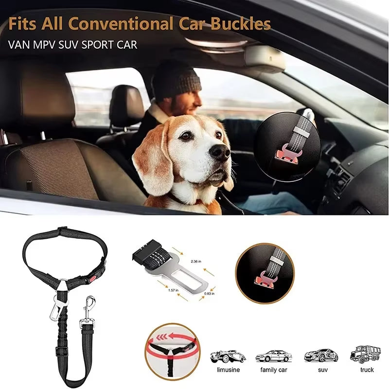 Adjustable Pet Car Seat Belt Restraint with Elastic Bungee for Dog Harness and Reflective Leash for Safe Vehicle Travel