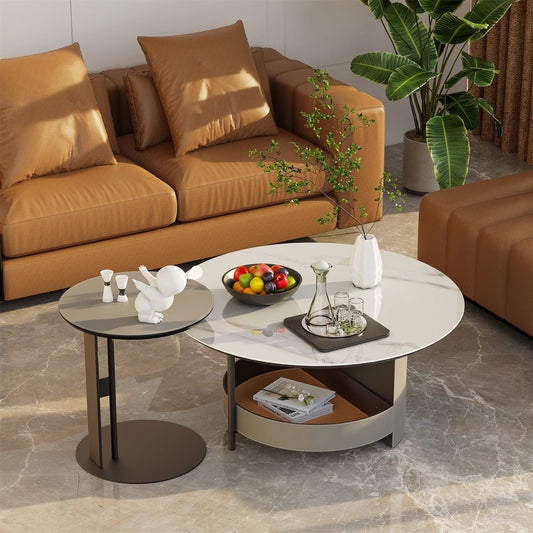 Round Coffee Side End Table with Sintered Stone-Top and Microfiber Saddle Leather Storage Shelf