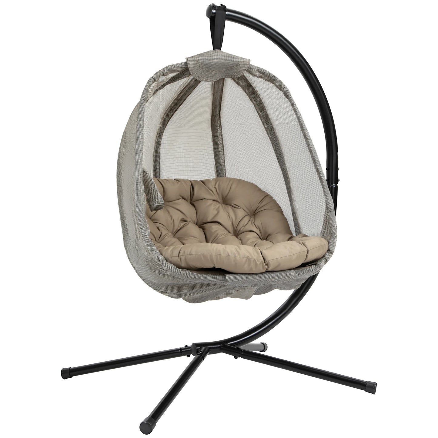 Folding Hanging Egg Chair W/ Cushion and Stand for Indoor Outdoor Khaki