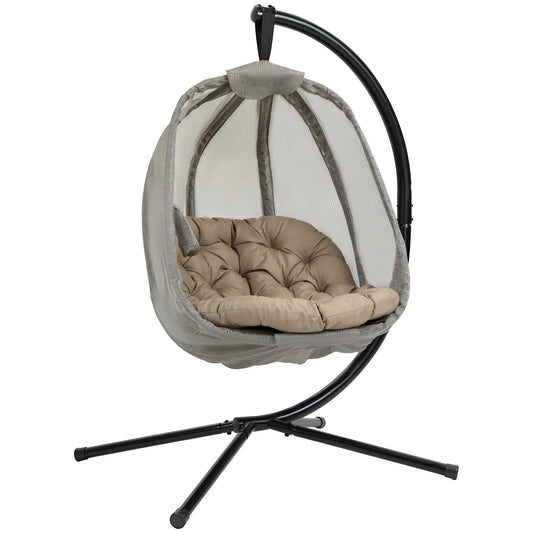 Folding Hanging Egg Chair W/ Cushion and Stand for Indoor Outdoor Khaki