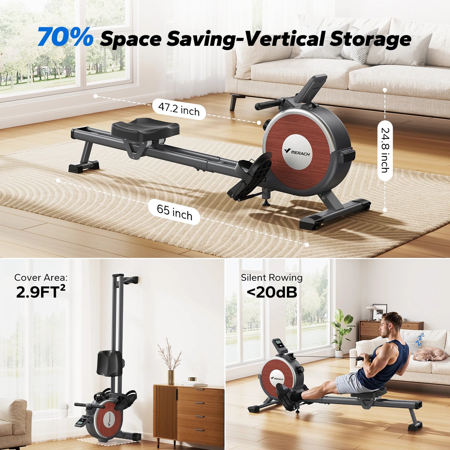 Q1S Rowing Machine Magnetic Rower Machine for Home 16 Levels Quiet Resistance Dual Slide Rail Max 350Lb Weight Capacity