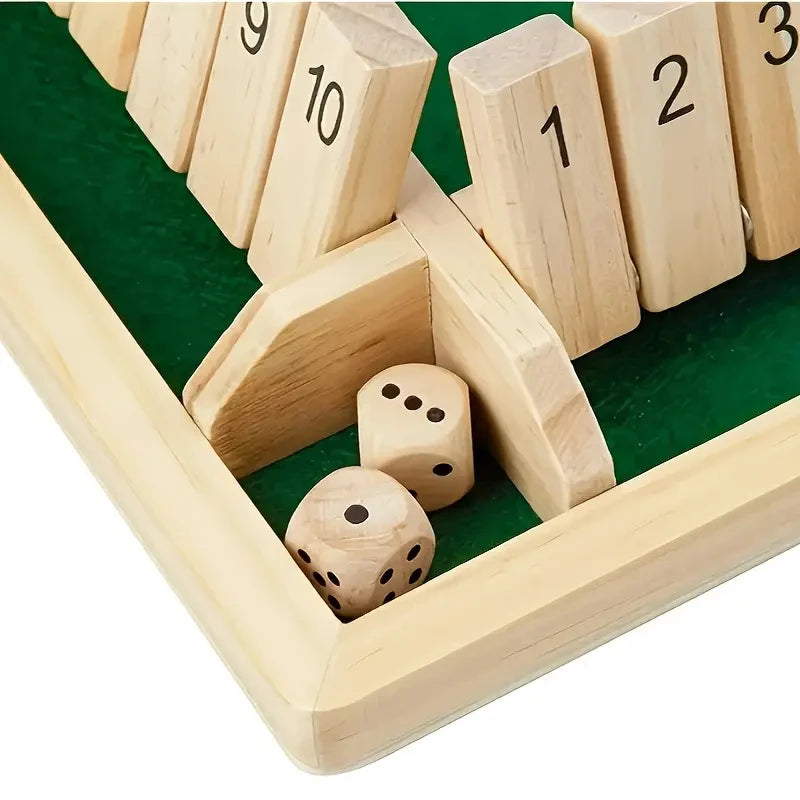 Classic 4-Sided Wooden Shut-The-Box Game with Dice - Timeless Tabletop Fun for Family and Friends