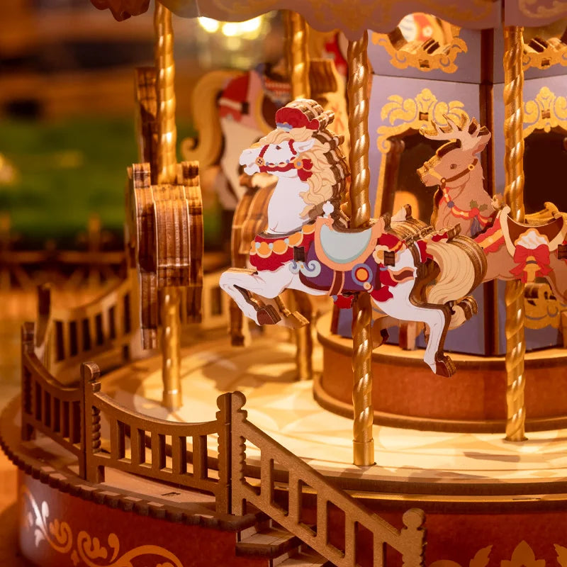 Rolife Classic Carousel Music Box - Easy Assemble 3D Wooden Puzzle with Light - Perfect Xmas Gift for Family