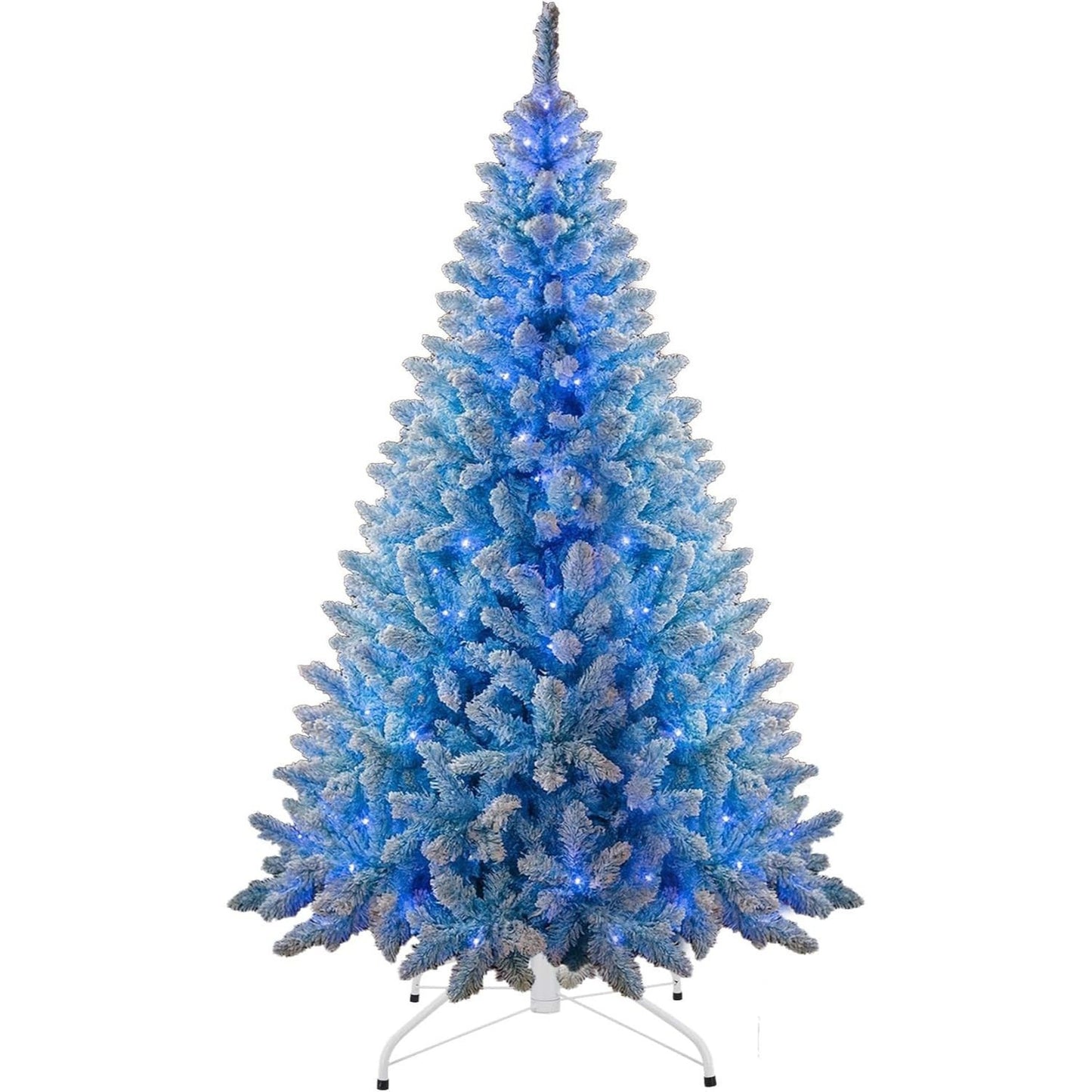 4Ft-8Ft Christmas Tree Prelit Flocked Blue LED Lights Multifunction, Snow Dusted Artificial Pine Foldable Metal Stand Tips Hinged Branches