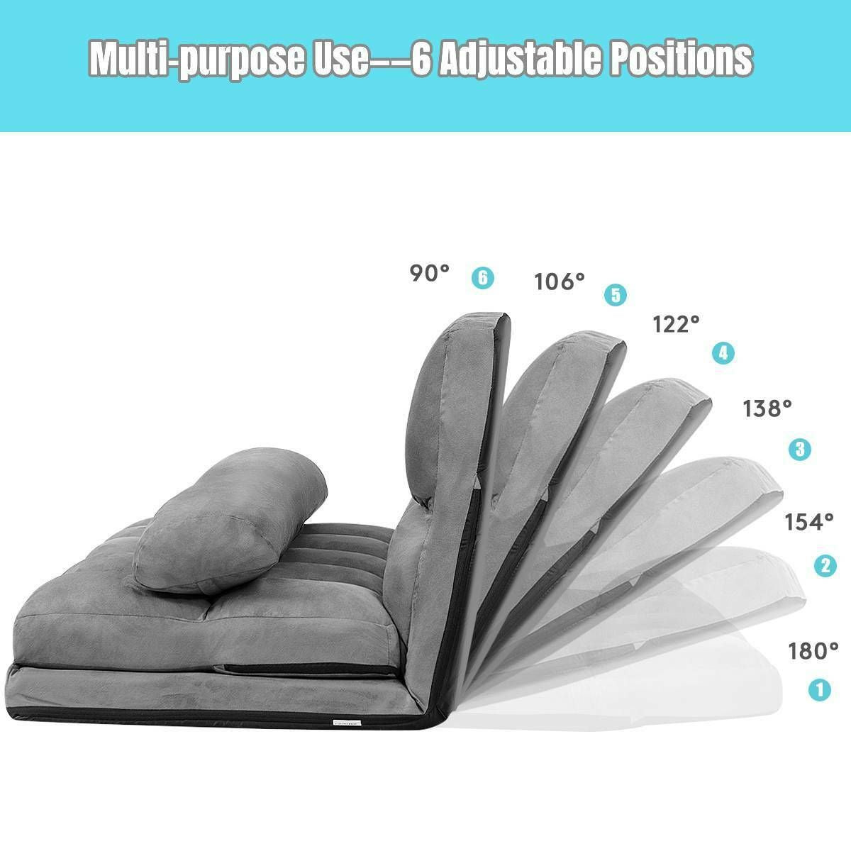 2 in 1 Folding Floor Lazy Sofa Bed with 6 Adjustable Seat Positions and 2 Pillows