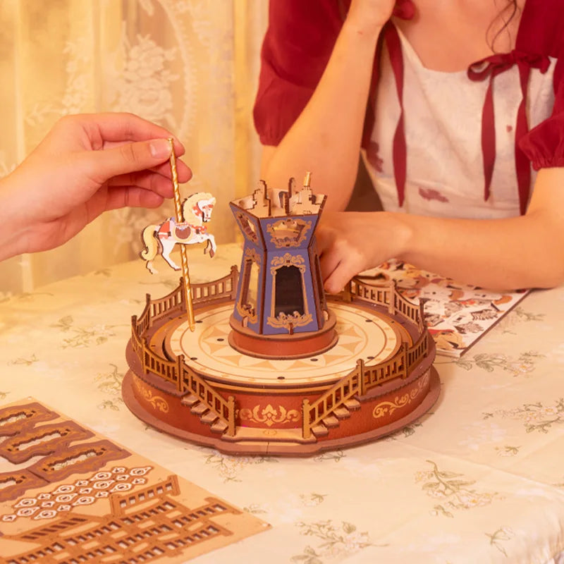 Rolife Classic Carousel Music Box - Easy Assemble 3D Wooden Puzzle with Light - Perfect Xmas Gift for Family