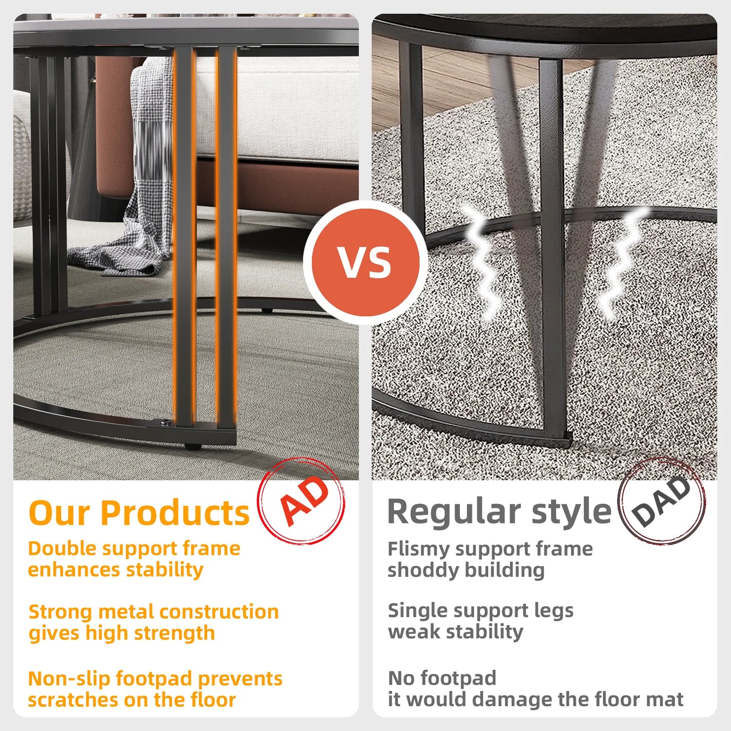 Modern Nesting Coffee Table Set of 2, Center Table with Sintered Stone Top and Metal Base for Living Rooms, Apartments