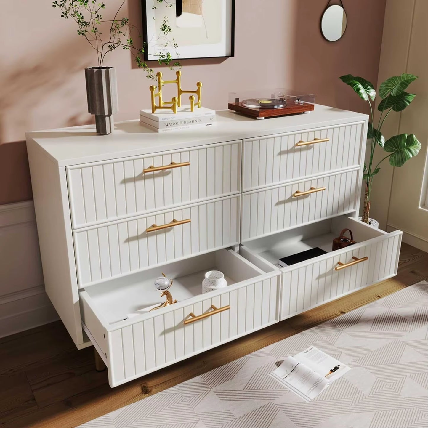 Sideboard Cabinet for Living Room Chest of Drawers with 6 Drawers 40D X 120W X 75H CM (White)