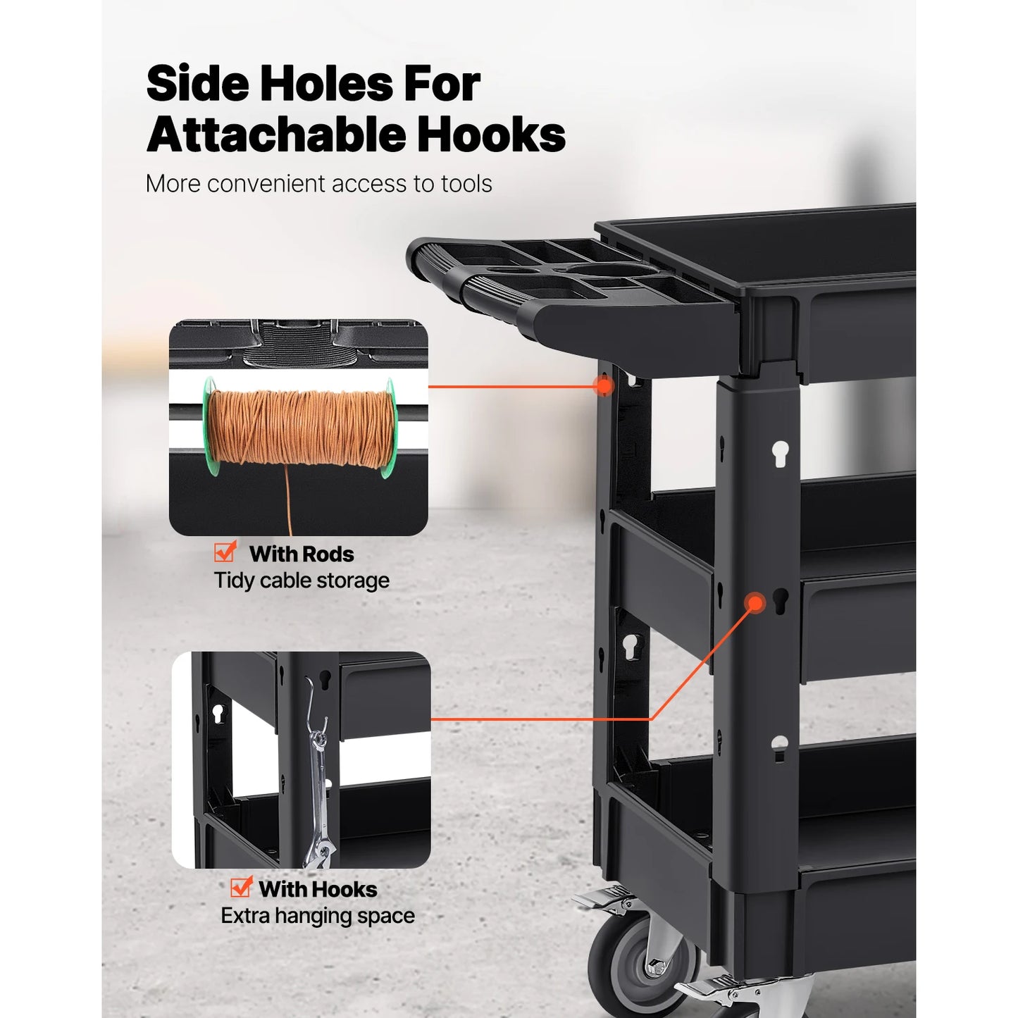 2/3 Shelf Utility Service Cart Heavy Duty with 360° Swivel Wheels Ergonomic Storage Handle for Warehouse/Garage/Cleaning