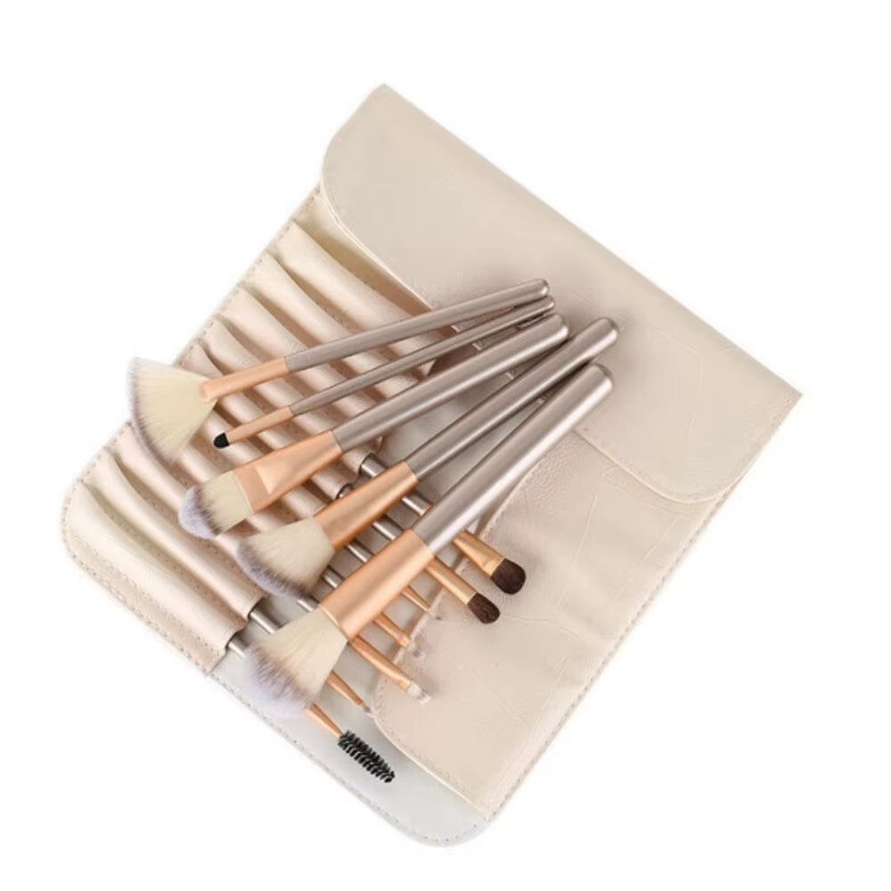 Luxury Wooden Makeup Brush Set with Leather Pouch - 12 to 24 Brushes for Flawless Application
