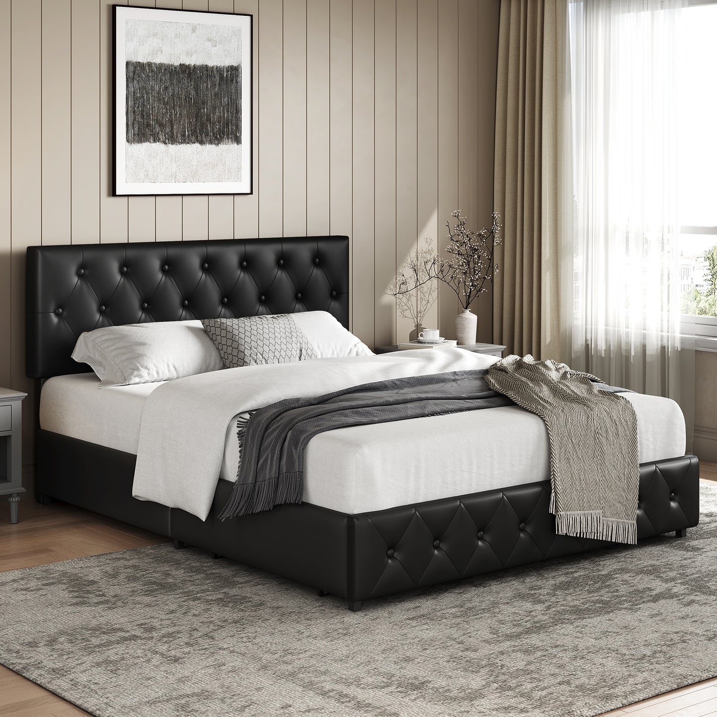 Upholstered Bed Frame with Large Pull-Out Drawers Storage & Height-Adjustable Headboard, Faux Leather