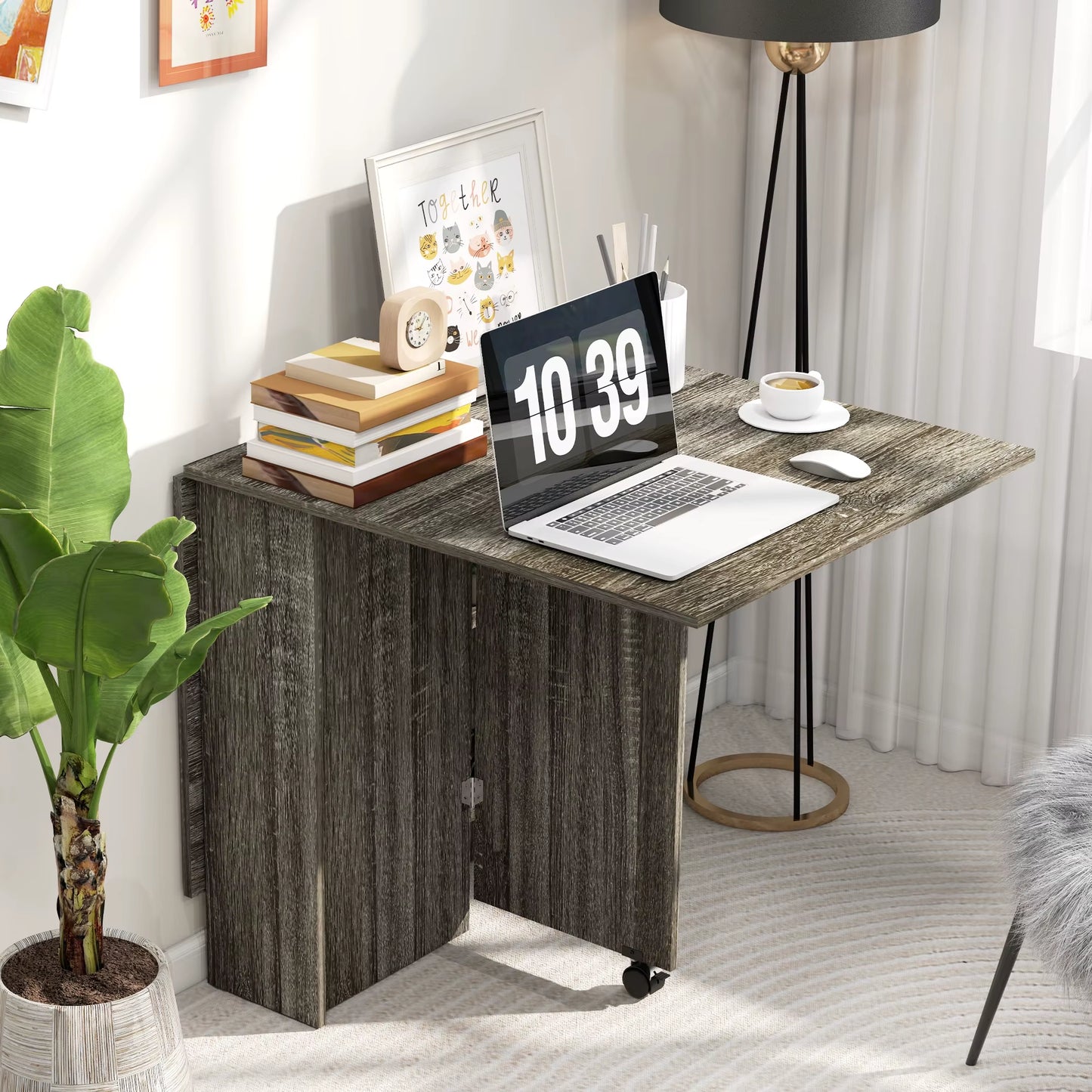 Mobile Drop Leaf Dining Table Folding Desk W/ 2 Wheels Dark Grey