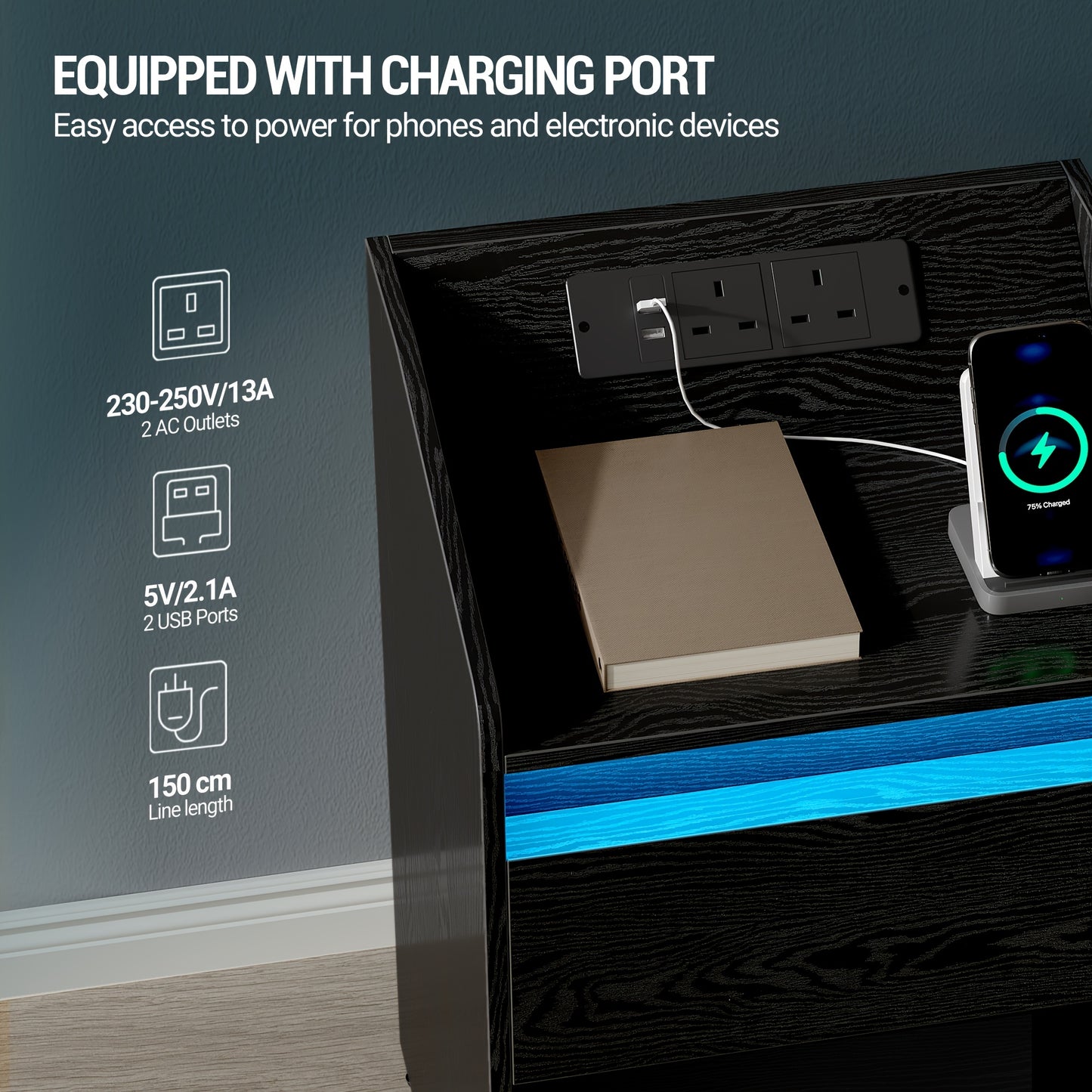 Bedside Table with LED Light - Side Table with Charging Station, 1 Storage Drawer Bedside Table