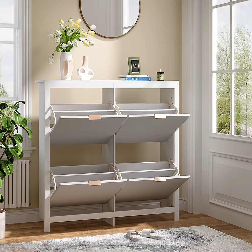 Livingandhome Flip down Wood Shoe Cabinet in White for Hallway, Mudroom or Entryway