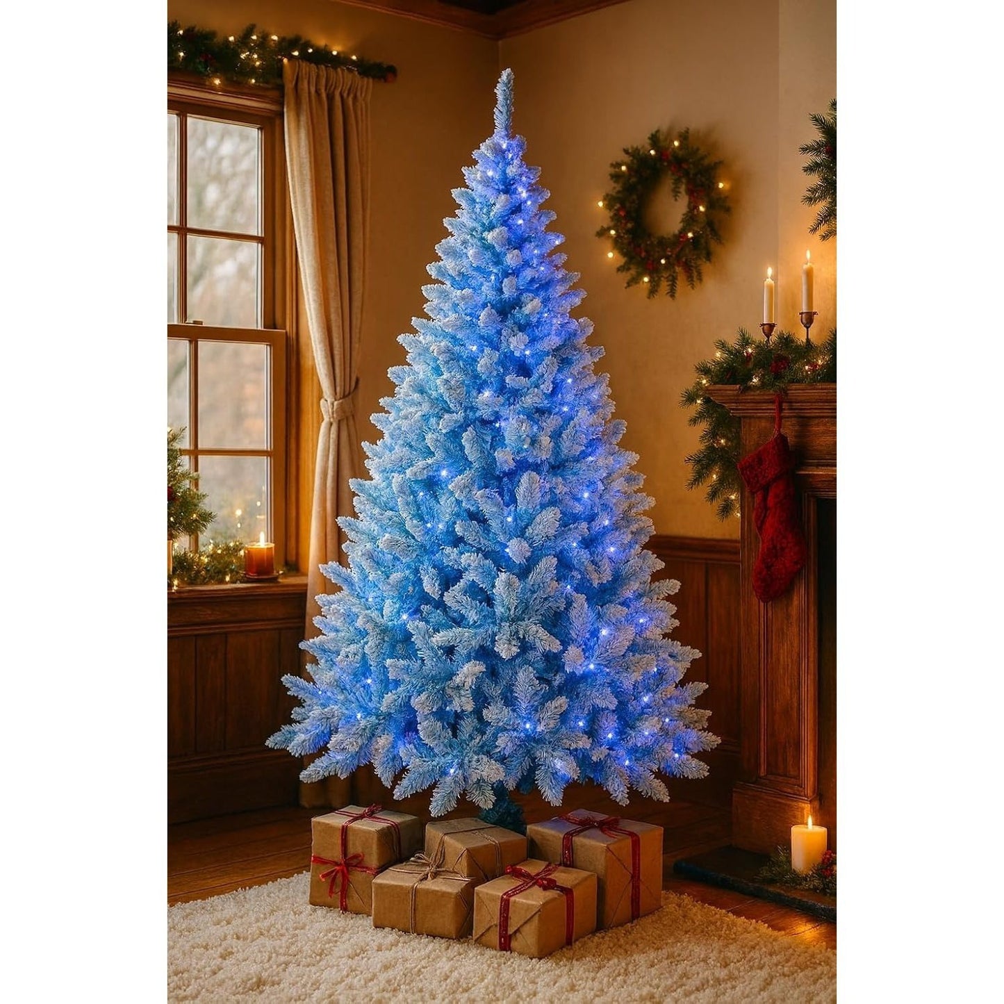 4Ft-8Ft Christmas Tree Prelit Flocked Blue LED Lights Multifunction, Snow Dusted Artificial Pine Foldable Metal Stand Tips Hinged Branches