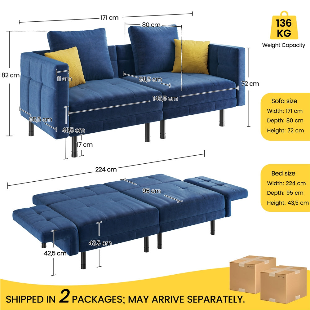 Velvet Sofa 2-Seater Convertible Sofa Bed, Fabric Upholstered Futon Couch Sleeper with 4 Pillows, Angle-Adjustable Armrests & Backrest