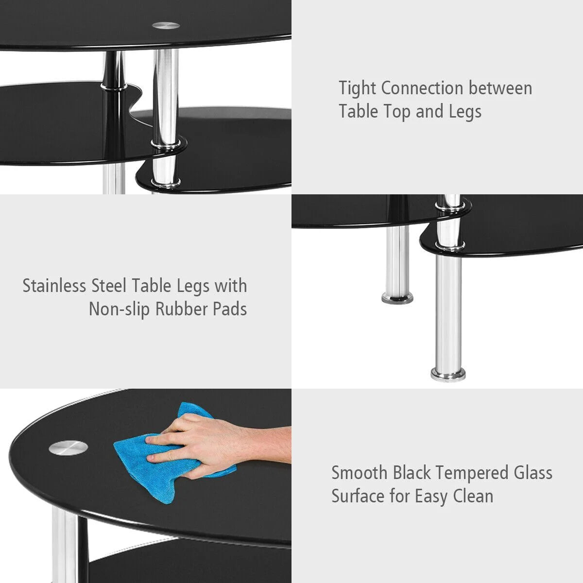 3-Tiers Tempered Glass Coffee Tables with 2 Shelves
