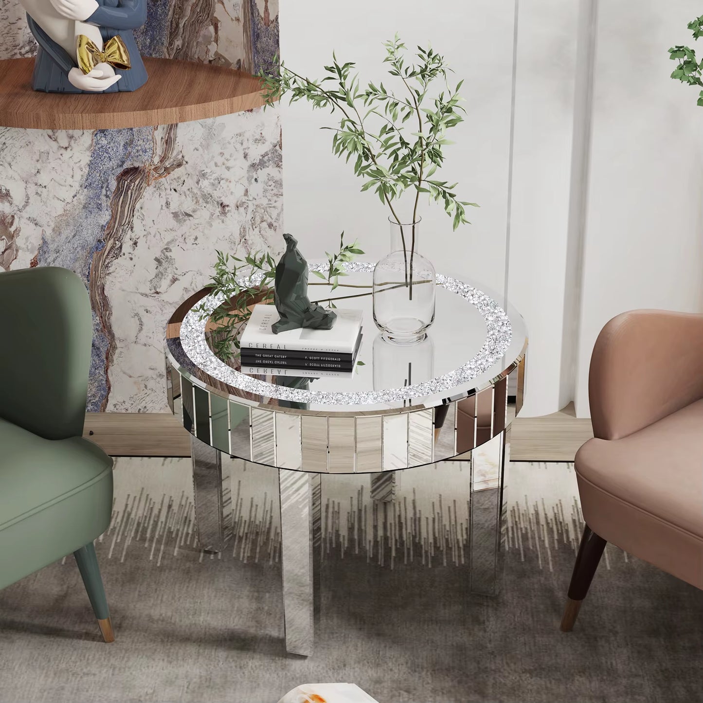 Luxury Modern round Mirrored Accent Side Table with Crystal Diamonds Inlay for Bedside Table