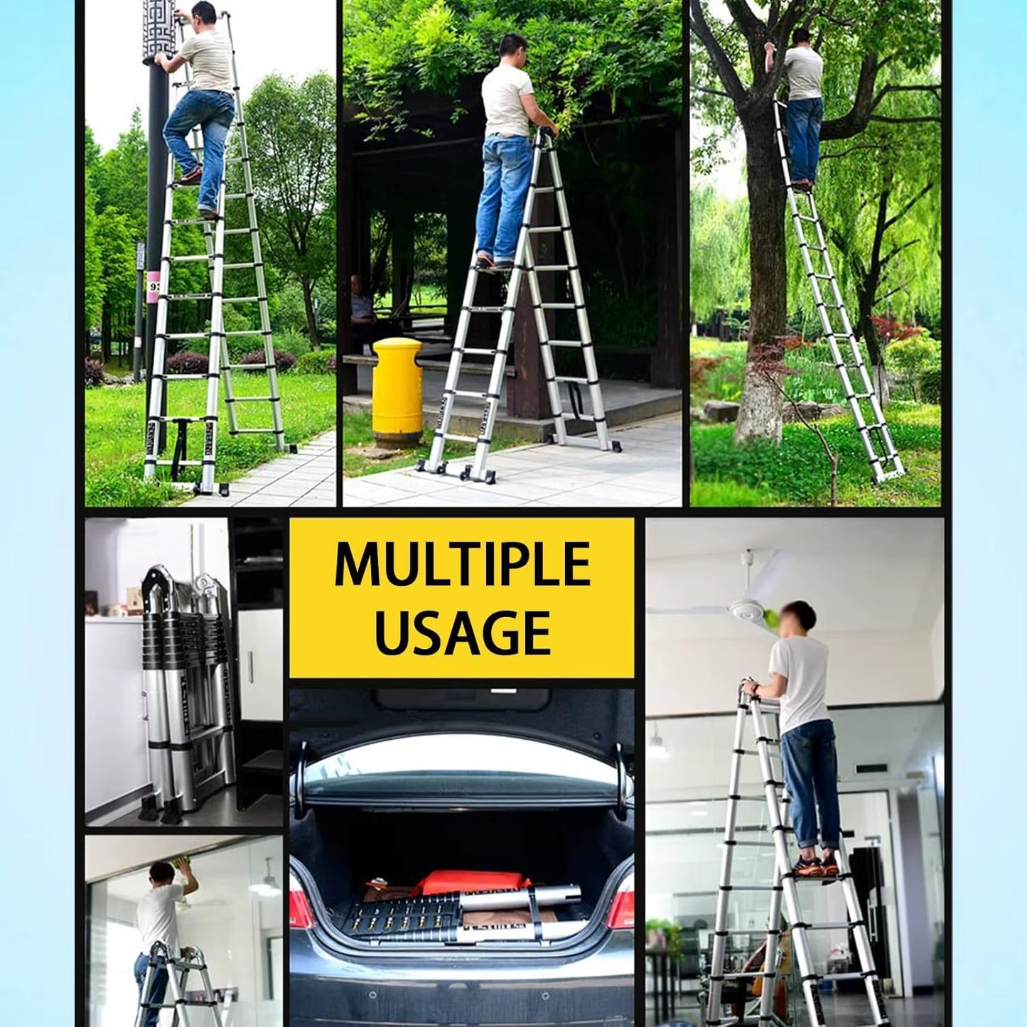 3.8M Multi-Purpose Folding Telescopic Ladder Extension Portable Loft Ladder 1.9M+1.9M a Frame Foldable Ladder 12 Steps