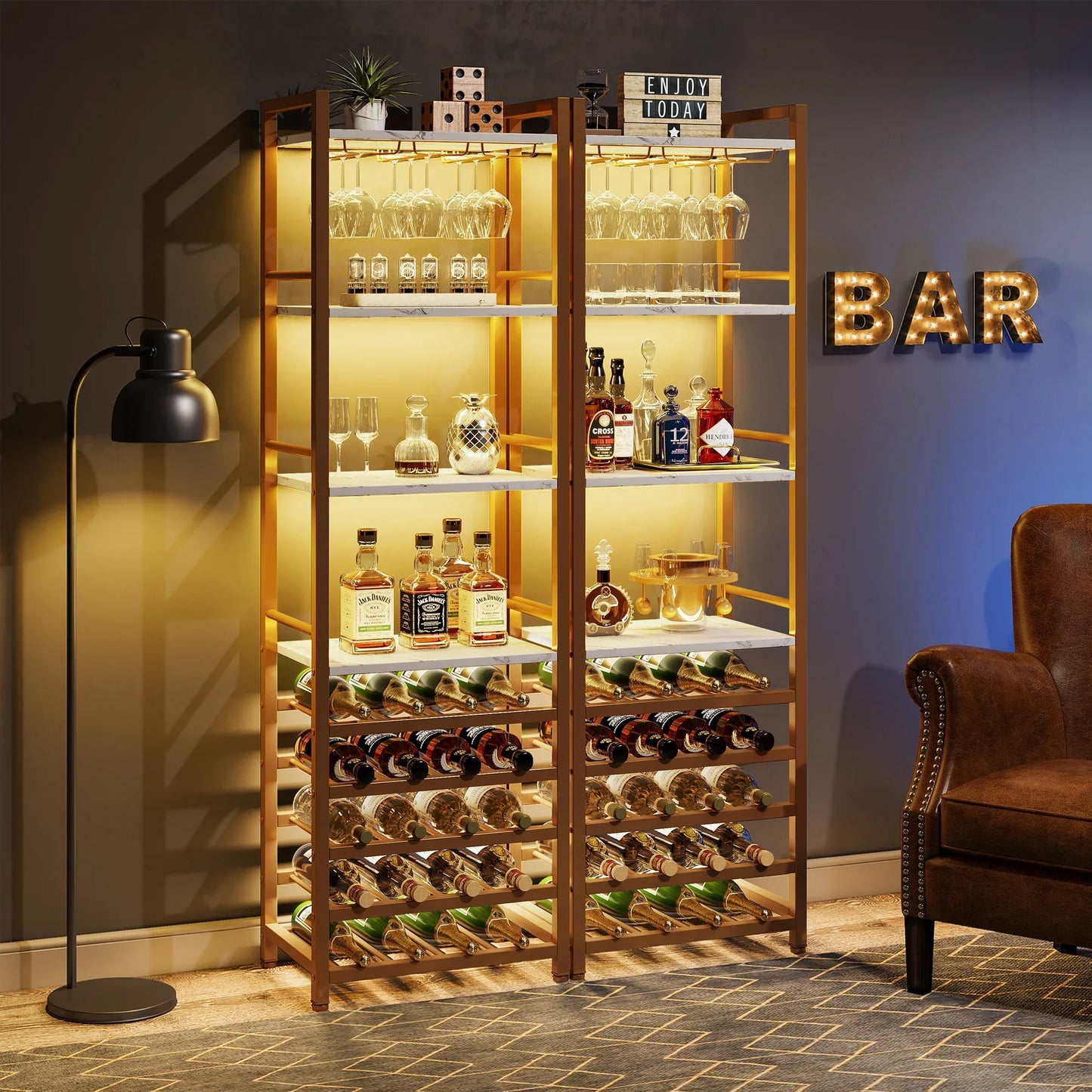 20 Bottle Wine Bakers Rack, 9 Tier Freestanding Wine Rack with Glass Holder and Storage Shelves